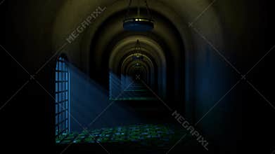 Scary medieval prison corridor at night
