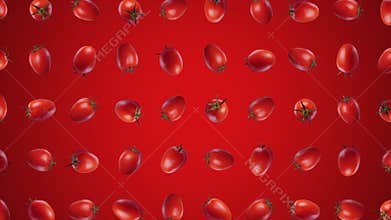 Whole tomatos spin and float arranged in a grid - on red background