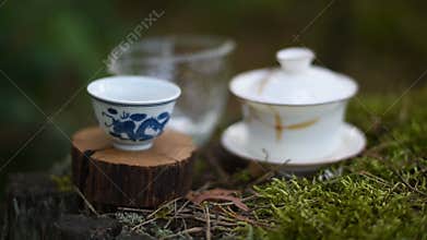 Empty chinese teaware ready to brew on the wooden stand at forest place