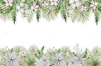 Watercolor Christmas borders with branches, berries and cotton hand drawn illustration isolated
