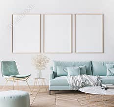 Frame mockup in bright modern living room design, three vertical wooden frames