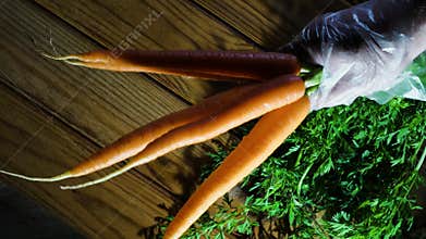 4k. A row of red carrots with green leaf on a rotating wooden table.