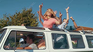 Happy Friends Traveling By Car, Having Fun In Summer.