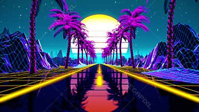 80s retro futuristic sci-fi seamless loop. VJ landscape with neon lights