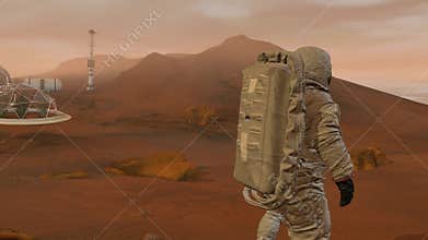 3D rendering. Colony on Mars. Two Astronauts Wearing Space Suit Walking On The Surface Of Mars