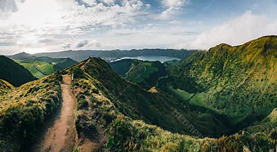 Landscape of Sete Cidades from Mirador da Boca do Inferno at sunset with lagoa de Santiago, Sao Miguel, Azores Islands