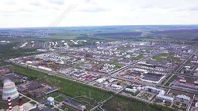 Top view of the huge industrial area. Clip. Industrial zone consisting of a large of industrial shops and warehouses