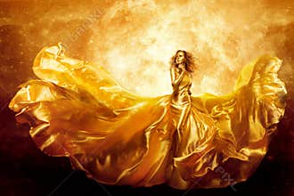 Fashion Model Gold Color Skin, Fantasy Woman Beauty in Artistic Waving Dress, Flying Silk Gown