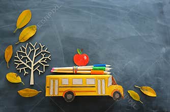 Education and back to school concept. Top view photo of cardboard school bus, apple and pencils next to tree with autumn dry