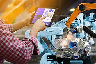 Engineer touch screen control robot the production of factory parts engine manufacturing industry robots and mechanical