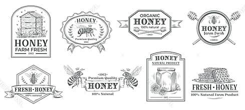 Natural honey badge. Bees farm label, vintage honey product hand drawn badges and bee emblem vector illustration set