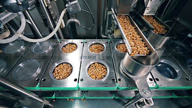 Plastic plates are getting filled with bread crumbs mechanically. Food factory equipment.