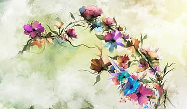 Abstract floral oil color painting. Hand painted Yellow and Red flowers in soft color. Flower paintings vintage style and yellow,