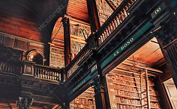 Gallery with bookshelves chambers in Old Library, Trinity College, Dublin.