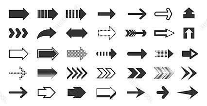 Black arrows. Direction pointers, up down left right signs of dots shapes and strokes, flat cursor pixel next sign
