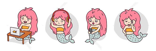 Laughing mermaid with laptop, with smartphone, mermaid listening to music, making faces, sticking tongue out.