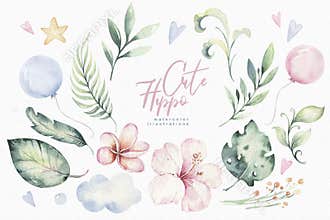 Hand drawn watercolor tropical flower set. Exotic palm leaves, jungle tree, brazil tropic botanical decoration botany