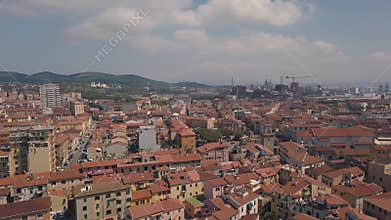 Aerial view of Piombino. Flight over the city. Panoramic view of the old city. Maremma Tuscany Italy.