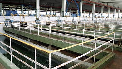 Inside the filter station. Treatment facilities for the preparation of drinking water for the city metropolis. Panoramic