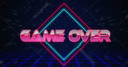 Retro Game over text glitching over blue and red triangles 4k
