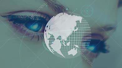 Female eyes and globe with asymmetrical lines