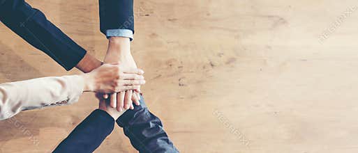 Partners Team work joining hands to success together. Business Team stack of hands for star up project, copy space for text banner