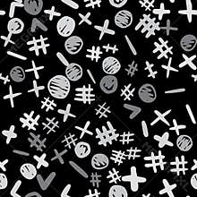 White shapes seamless pattern on black background. Naive art wallpaper.