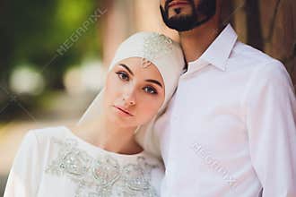 National wedding. Bride and groom. Wedding muslim couple during the marriage ceremony. Muslim marriage.