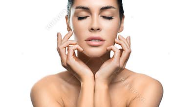 Beautiful girl with closed eyes and clean skin natural gentle refreshing makeup on a white background isolated on white