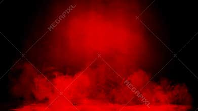 Dry ice red smoke clouds fog floor texture. Perfect spotlight mist effect on isolated black background