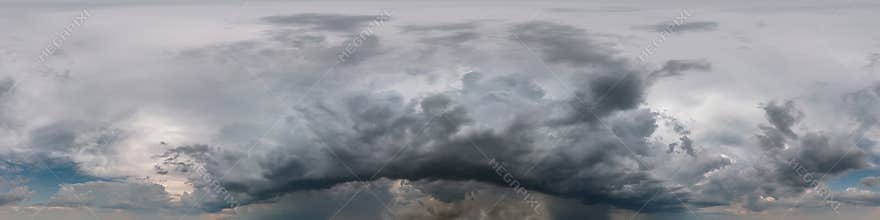 Dark sky before storm with black beautiful clouds. Seamless hdri panorama 360 degrees angle view  with zenith for use in 3d