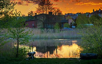 Sunset near lake in a city