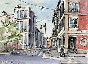 City landscape.  Sketch ink and watercolor