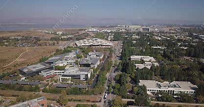 Aerial of new Google plex HQ with solar panels and tensile structure on the roof