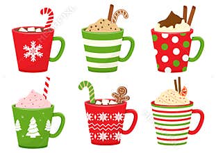 Winter holiday cups with drinks. Mugs with hot chocolate, cocoa or coffee, and cream. Gingerbread man cookie, candy cane, cinnamon