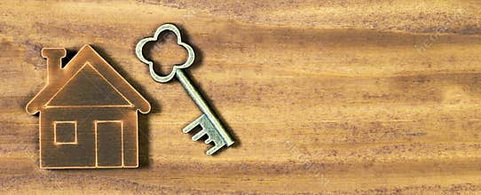 Real estate, new own home honcept, key and wooden house, web banner