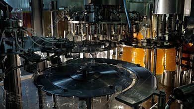 Production shop chemical industry plant with conveyor line for bottling drinks.