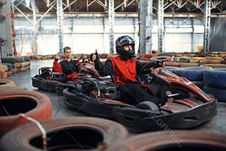 Two kart racers, karting auto sport indoor