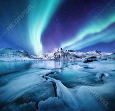 Aurora Borealis, Lofoten islands, Norway. Nothen light, mountains and frozen ocean. Winter landscape at the night time.