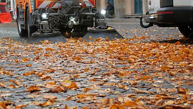 Cleaning Machine brush removing yellow fallen leaves from the autumn street. Cleaning leaves in fall. Asphalt machine
