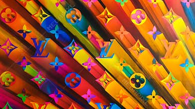 2019 fun and bold window display rainbow monogram wallpaper background at the Louis Vuitton Flagship Store