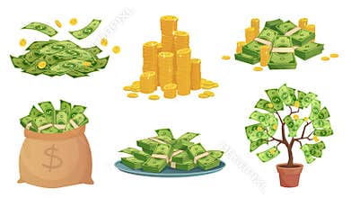 Cartoon cash. Green dollar banknotes pile, rich gold coins and pay. Cash bag, tray with stacks of bills and money tree
