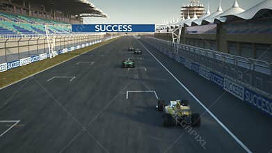 Racecars crossing finishing line - shot from above