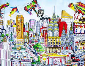 New York NYC iconic landmarks illustration art as seen on a novelty suitcase for sale in Manhattan