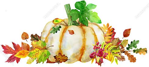 Horizontal composition of pumpkin and autumn leaves