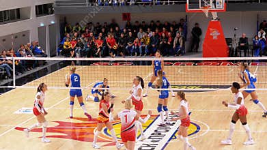 Women`s volleyball championship. Match of super league with spectators indoor