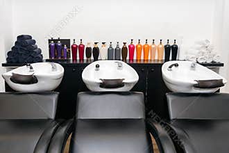 Hairdresser`s workplace. Modern beauty salon interior. Hair salon interior business. Work places for masters.