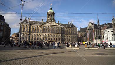 Amsterdam, Netherlands - 14.10.2019: A lot of tourists in The Royal Palace of Amsterdam located on the Dam Square in city centre.
