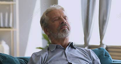 Calm serene elderly man take deep breath of fresh air