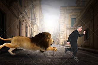 Funny Lion Chase Businessman, City